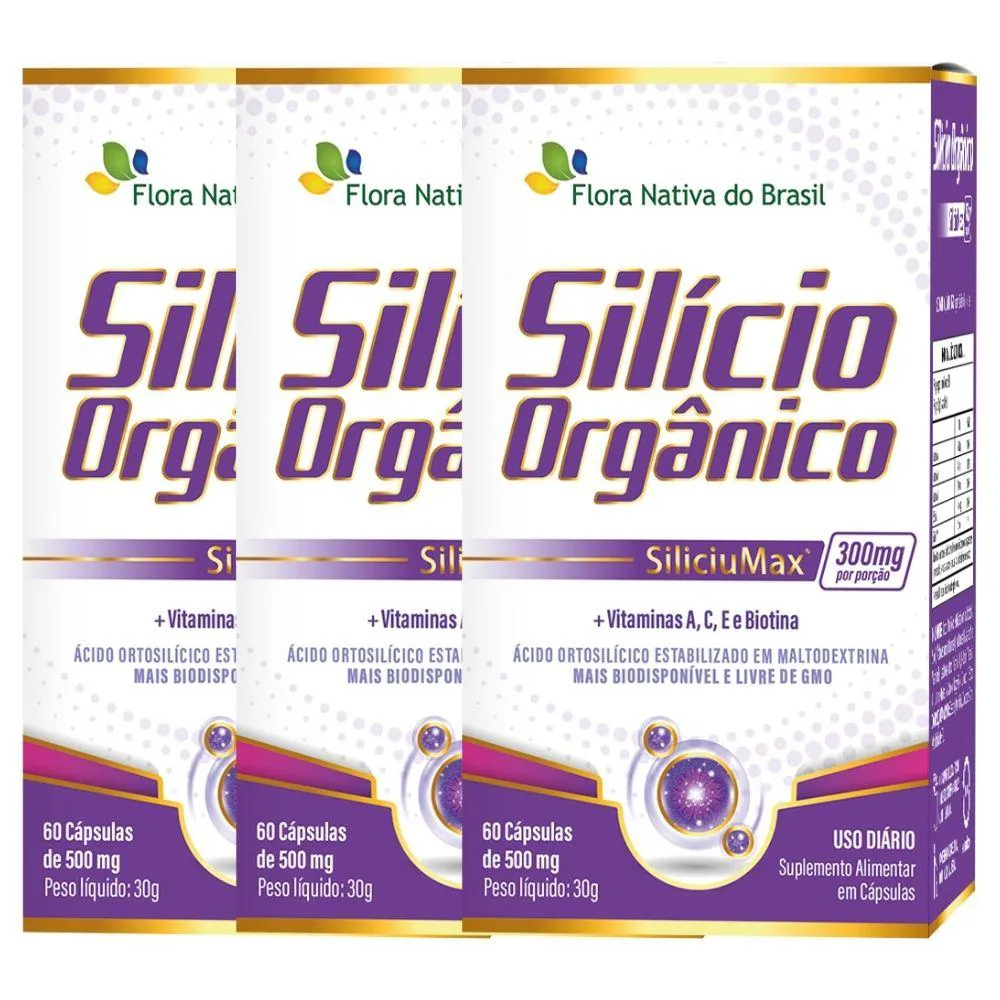 KIT 3X SILíCIO ORGâNICO SILICIUMAX® + VITAMINAS 500MG 60 CáPSULAS - FLORA NATIVA