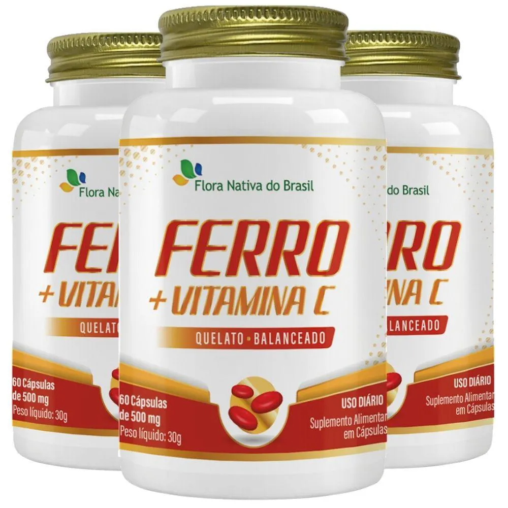KIT 3X FERRO QUELATO + VITAMINA C 60 CáPSULAS - FLORA NATIVA