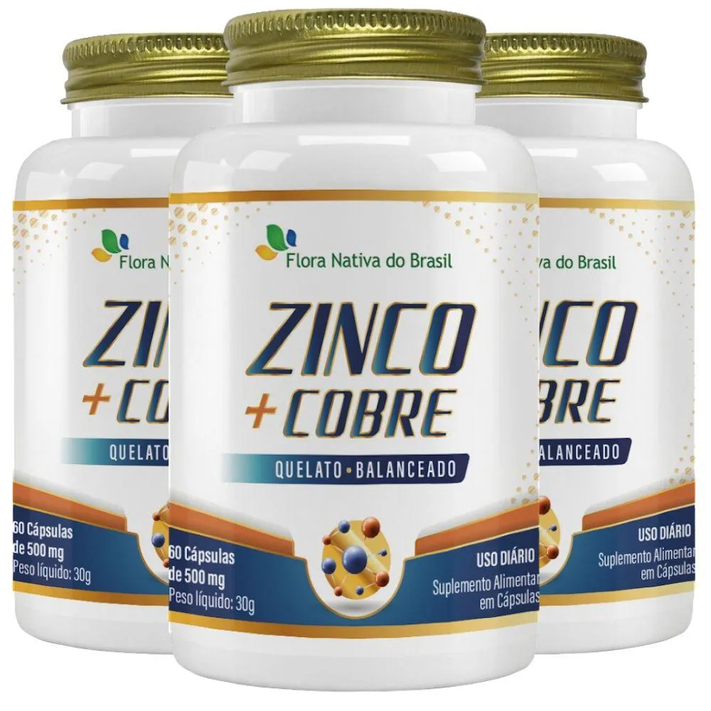 KIT 3X ZINCO + COBRE QUELATO 60 CáPSULAS - FLORA NATIVA