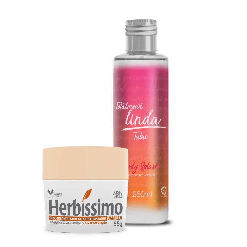 KIT BODY SPLASH DEO TABU 250ML LINDA E DESODORANTE CREME VANILLA HERBISSIMO 55G