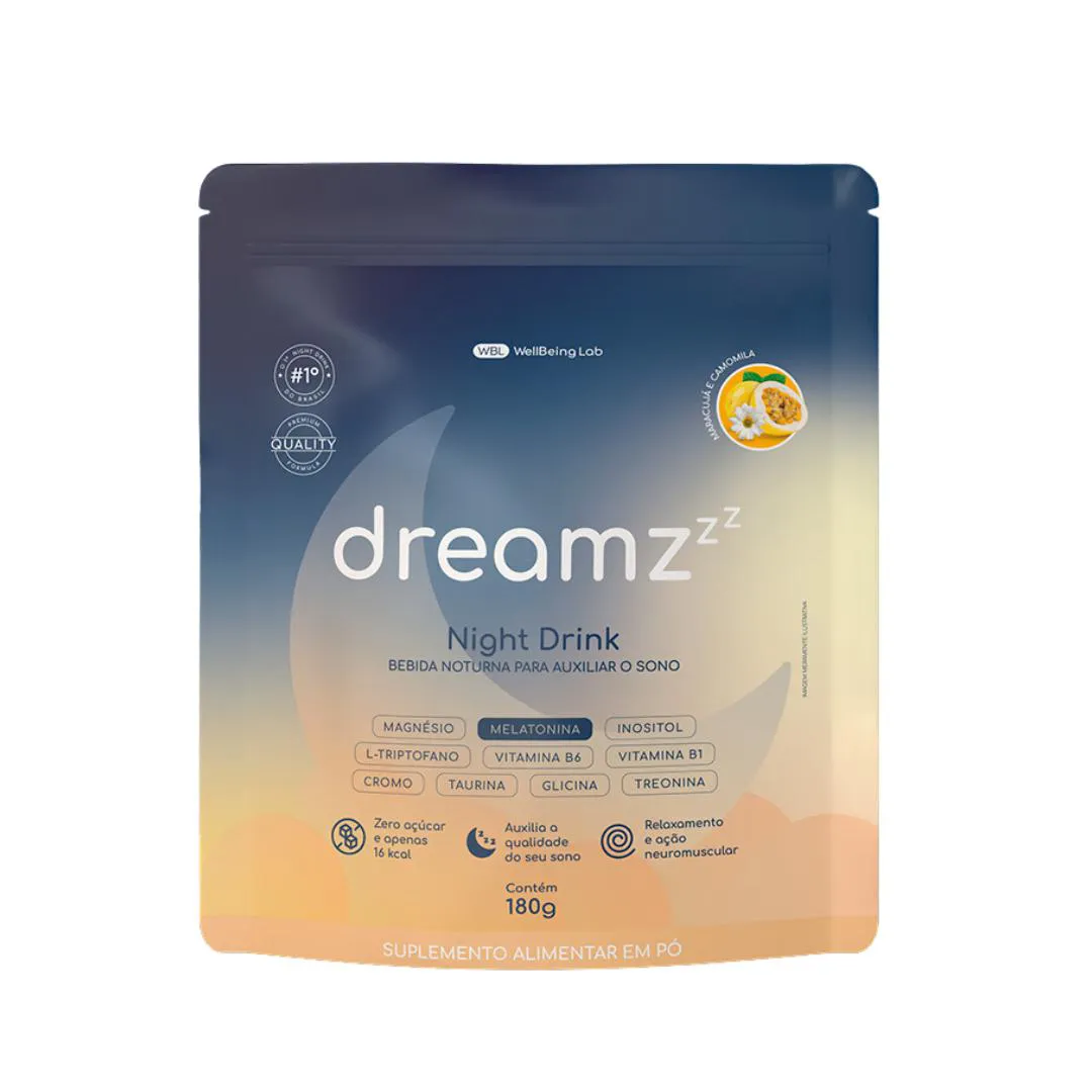 DREAMZ NIGHT DRINK - SABOR MARACUJá E CAMOMILA - MELATONINA MAGNéSIO INOSITOL L-TRIPTOFANO VITAMINA B1 VITAMINA B6 - 180G 30 DOSES