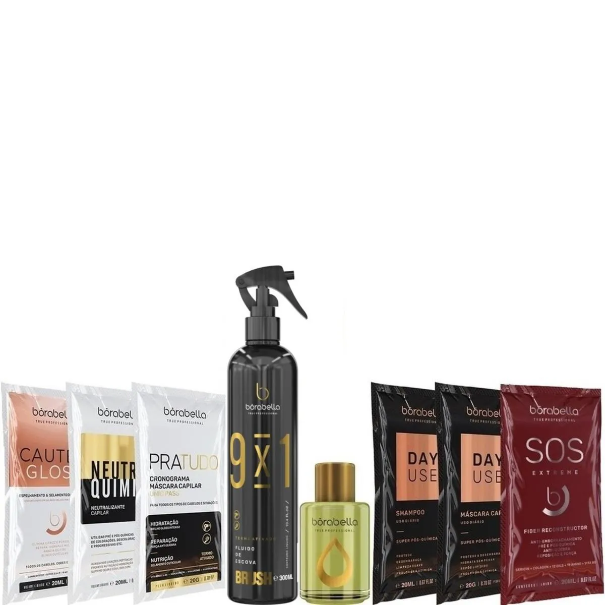 BORABELLA BRUSH FLUIDO P/ ESCOVA 300ML + ARGAN 7ML + SACHêS