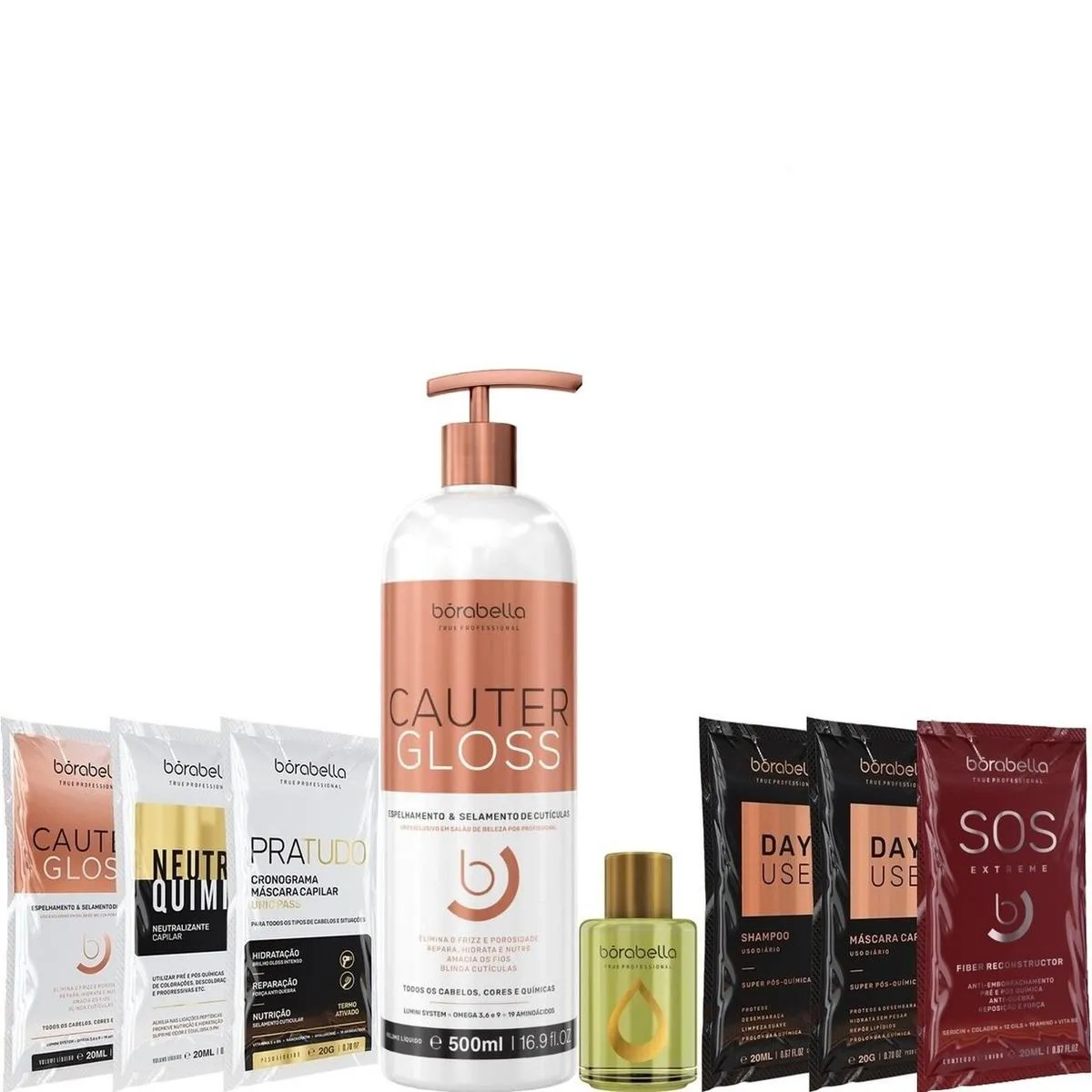 BORABELLA CAUTER GLOSS 500ML + ÓLEO ARGAN 7ML + SACHêS