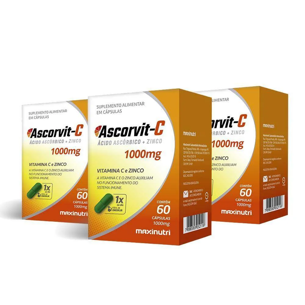 KIT 03 ASCORVIT VITAMINA C COM ZINCO 60 CáPSULAS MAXINUTRI