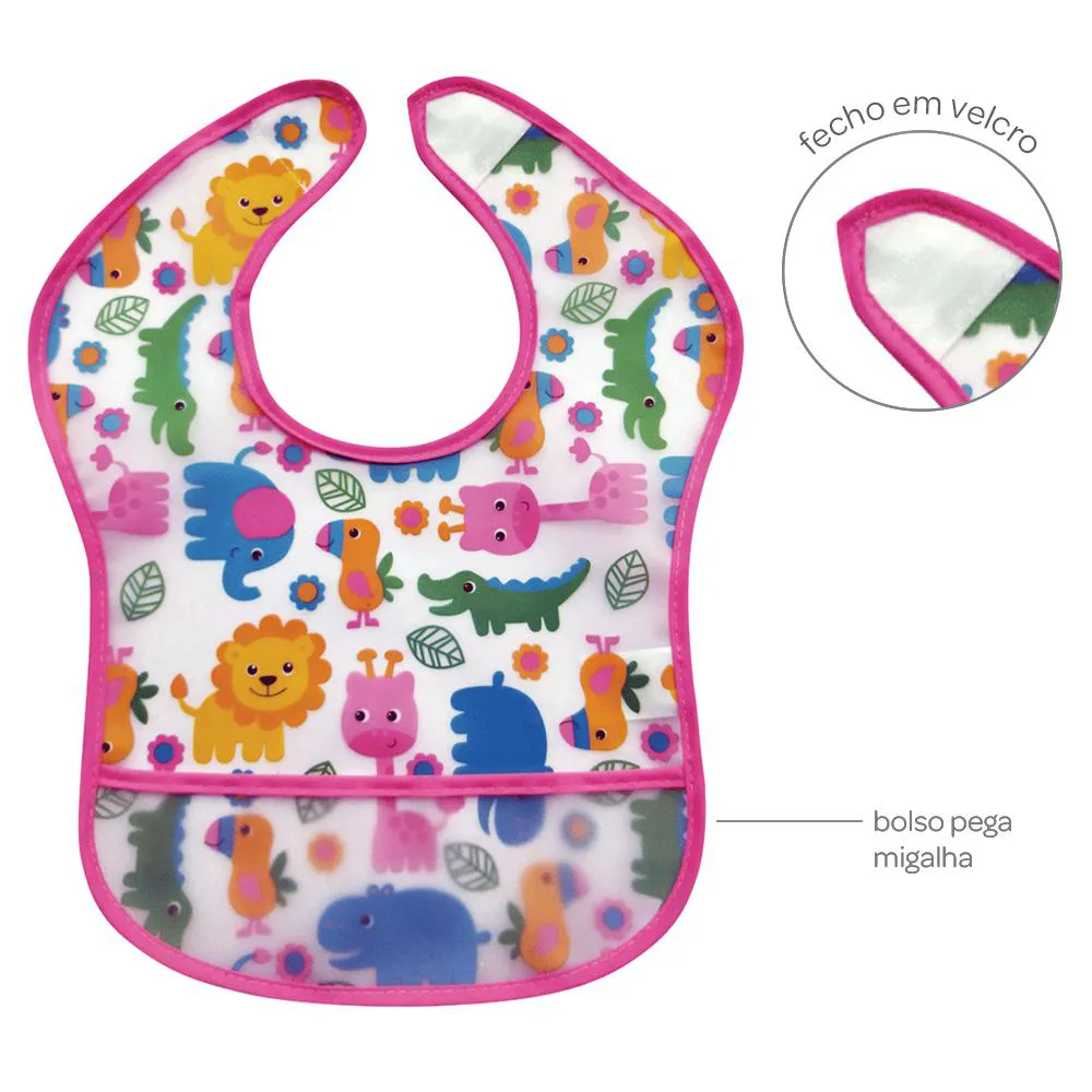 BABADOR INFANTIL COM BOLSO PEGA MIGALHAS IMPERMEAVEL BUBA Safari Rosa