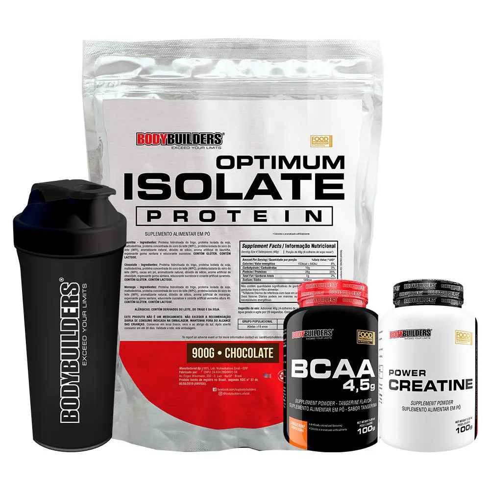 KIT OPTIMUM ISOLATE WHEY PROTEIN 900G + BCAA 100G + POWER CREATINA 100G + COQUETELEIRA - BODYBUILDERS  Chocolate