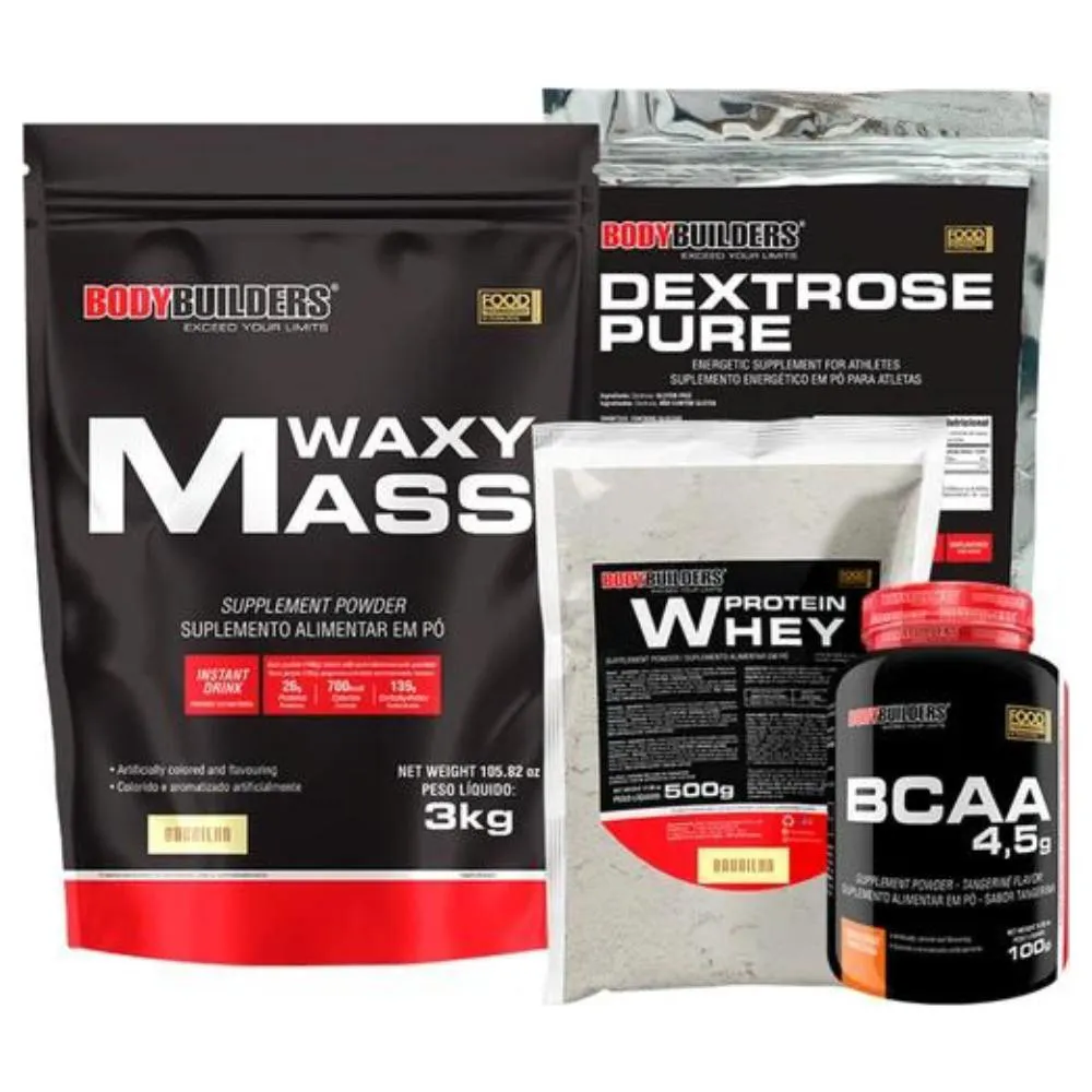 KIT HIPERCALóRICO WAXY MASS 3KG + WHEY PROTEIN 500G  + BCAA 100G + DEXTROSE 900G - BODYBUILDERS  Morango
