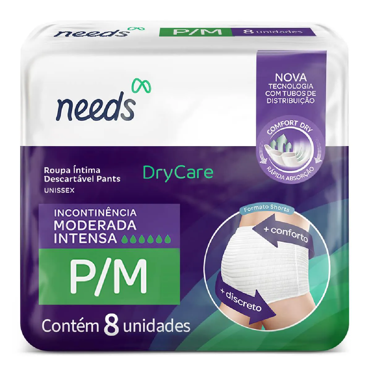 Roupa Íntima Descartável Needs Pants Drycare P/M Absorção Moderada a Intensa 8 unidades