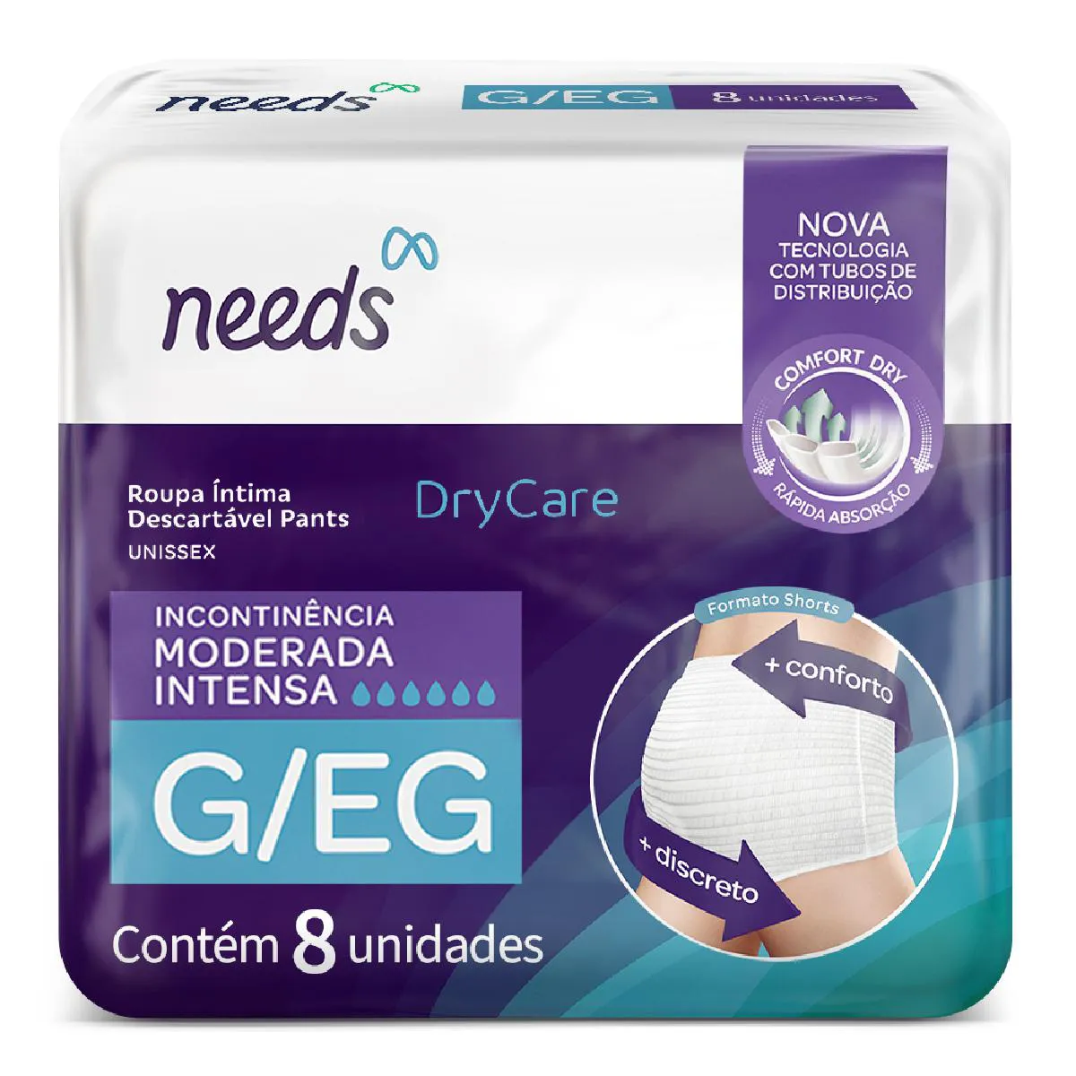 Roupa Íntima Descartável Needs Pants Drycare G/EG Absorção Moderada a Intensa 8 unidades