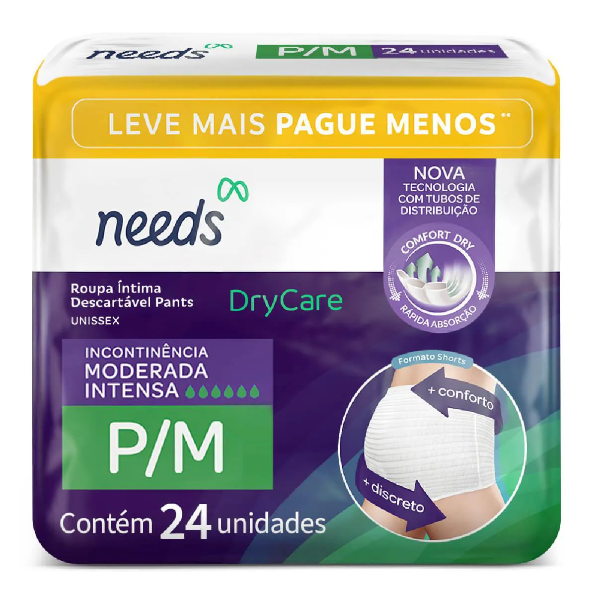 Roupa Íntima Descartável Needs Pants Drycare P/M Absorção Moderada a Intensa 24 unidades