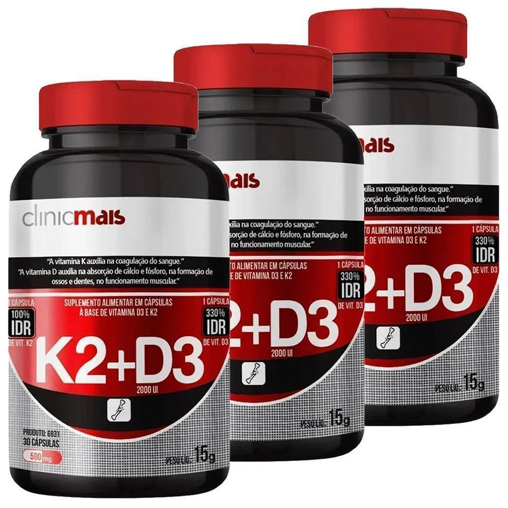 KIT 3X VITAMINAS K2 + D3 30 CáPSULAS CLINICMAIS