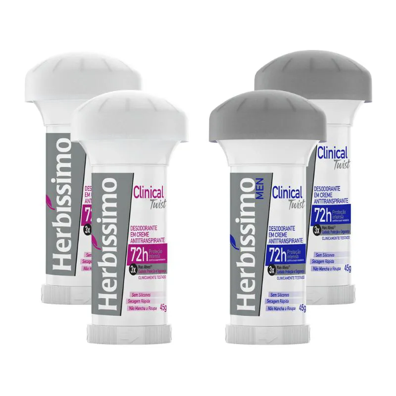 KIT DESODORANTE TWIST ANTITRANSPIRANTE HERBíSSIMO CLINICAL MEN & ROSA C/4 UNIDADES