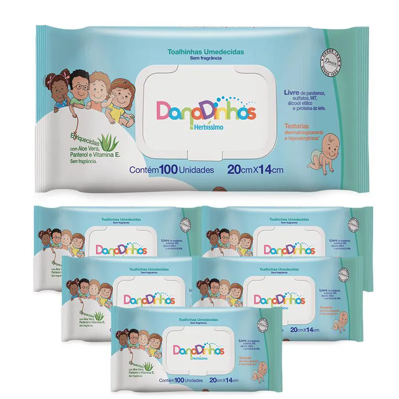 KIT DANADINHOS HERBíSSIMO TOALHA UMEDECIDA ALOE CARE 100UN C/ 6 UNIDADES