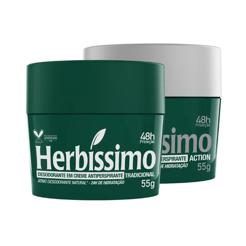 KIT DESODORANTE CREME ANTITRANSPIRANTE TRADICIONAL E ACTION HERBISSIMO 55G - 2 UNIDADES