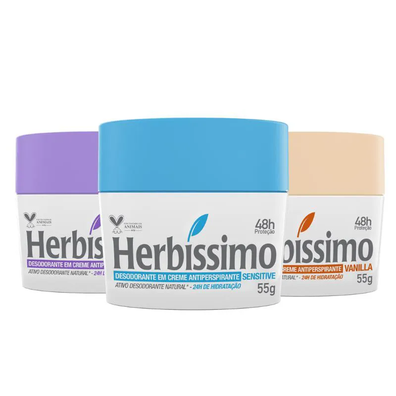 KIT DESODORANTE CREME ANTITRANSPIRANTE HERBISSIMO 55G LAVANDA, SENSITIVE E VANILLA - 3 UNIDADES