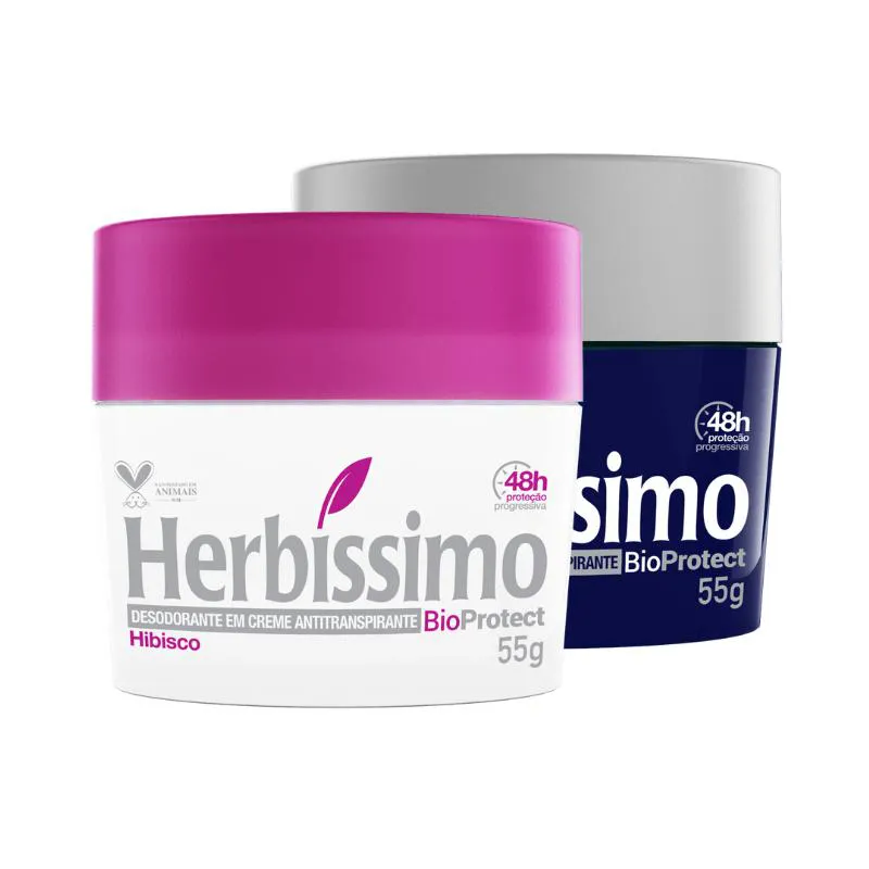 KIT DESODORANTE HERBíSSIMO CREME ANTITRANSPIRANTE BIOPROTECT HIBISCO E CEDRO 55G - 2 UNIDADES
