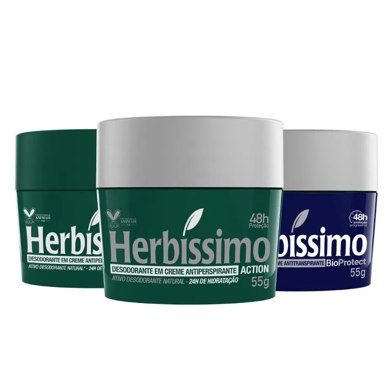 KIT DESODORANTE CREME ANTITRANSPIRANTE HERBISSIMO 55G TRADICIONAL, ACTION E CEDRO - 3 UNIDADES
