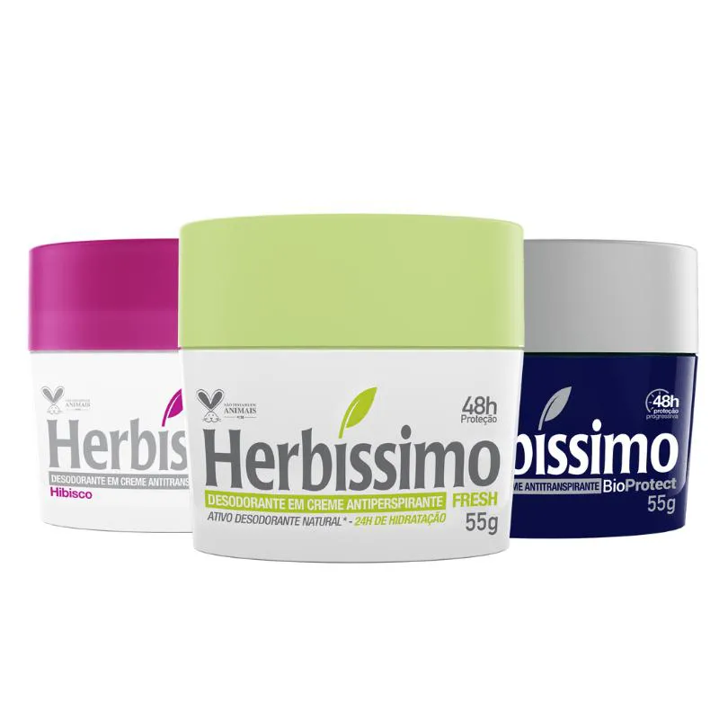 KIT DESODORANTE CREME ANTITRANSPIRANTE HERBISSIMO 55G FRESH, HIBISCO E CEDRO - 3 UNIDADES