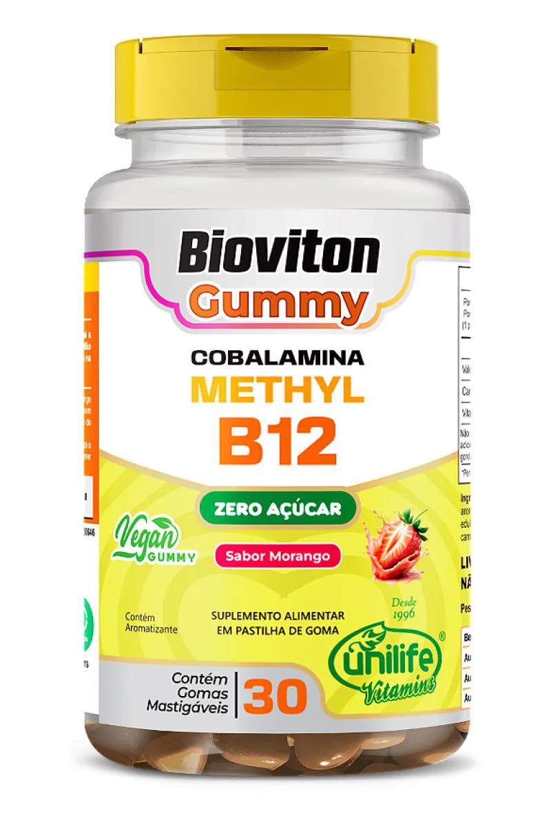 VITAMINA METHYL B12 BIOVITON - SABOR MORANGO - 30 GOMAS MASTIGáVEIS