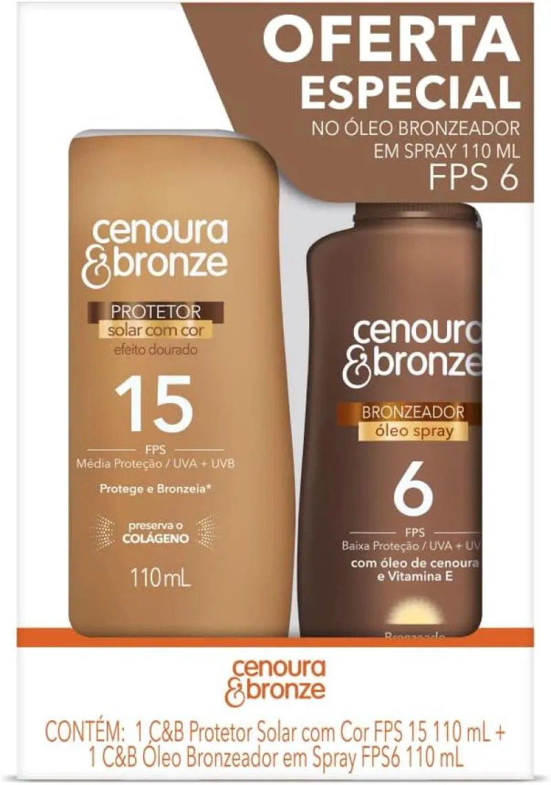 KIT PROTETOR SOLAR CENOURA E BRONZE CORPO COM COR FPS 15 110ML + ÓLEO BRONZEADOR FPS 6 110ML, COR: BRANCO