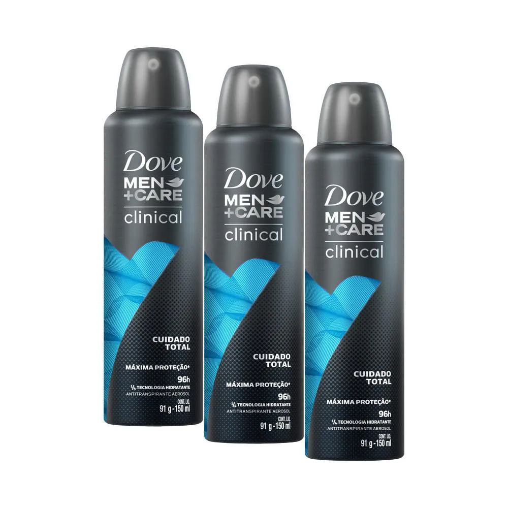 KIT 3 DESODORANTES ANTITRANSPIRANTE AEROSSOL DOVE MEN+CARE CLINICAL CUIDADO TOTAL 150ML