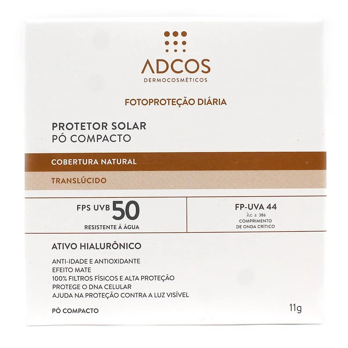 PROTETOR SOLAR ADCOS TRANSLÚCIDO COM ÁCIDO HIALURÔNICO FPS 50 PÓ COMPACTO COM 11G