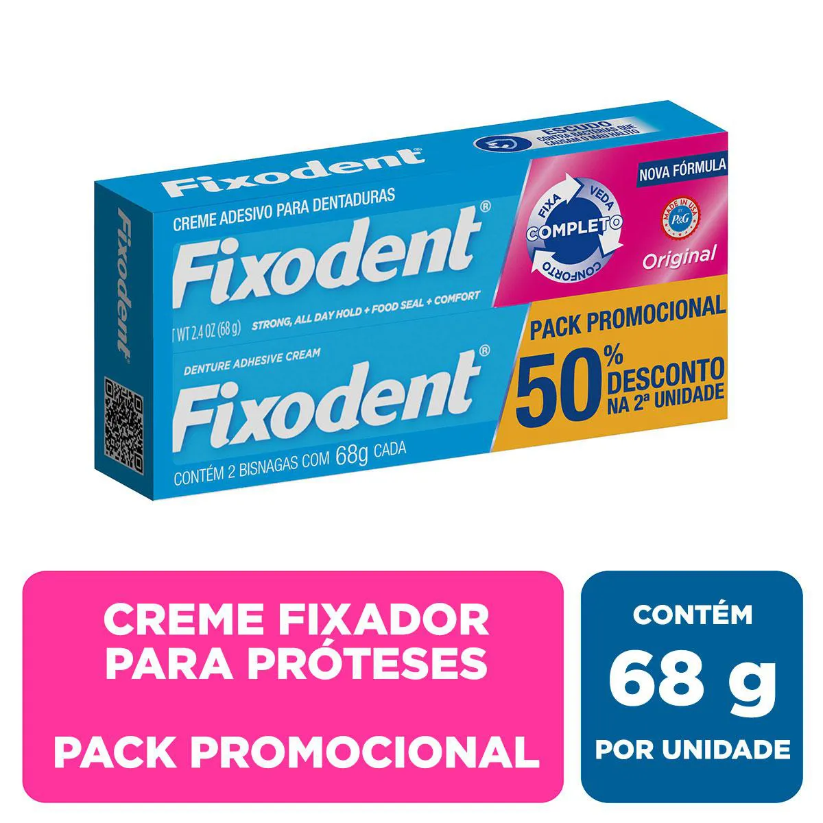 Kit Creme Fixador de Dentadura Fixodent Original 68g 2 unidades