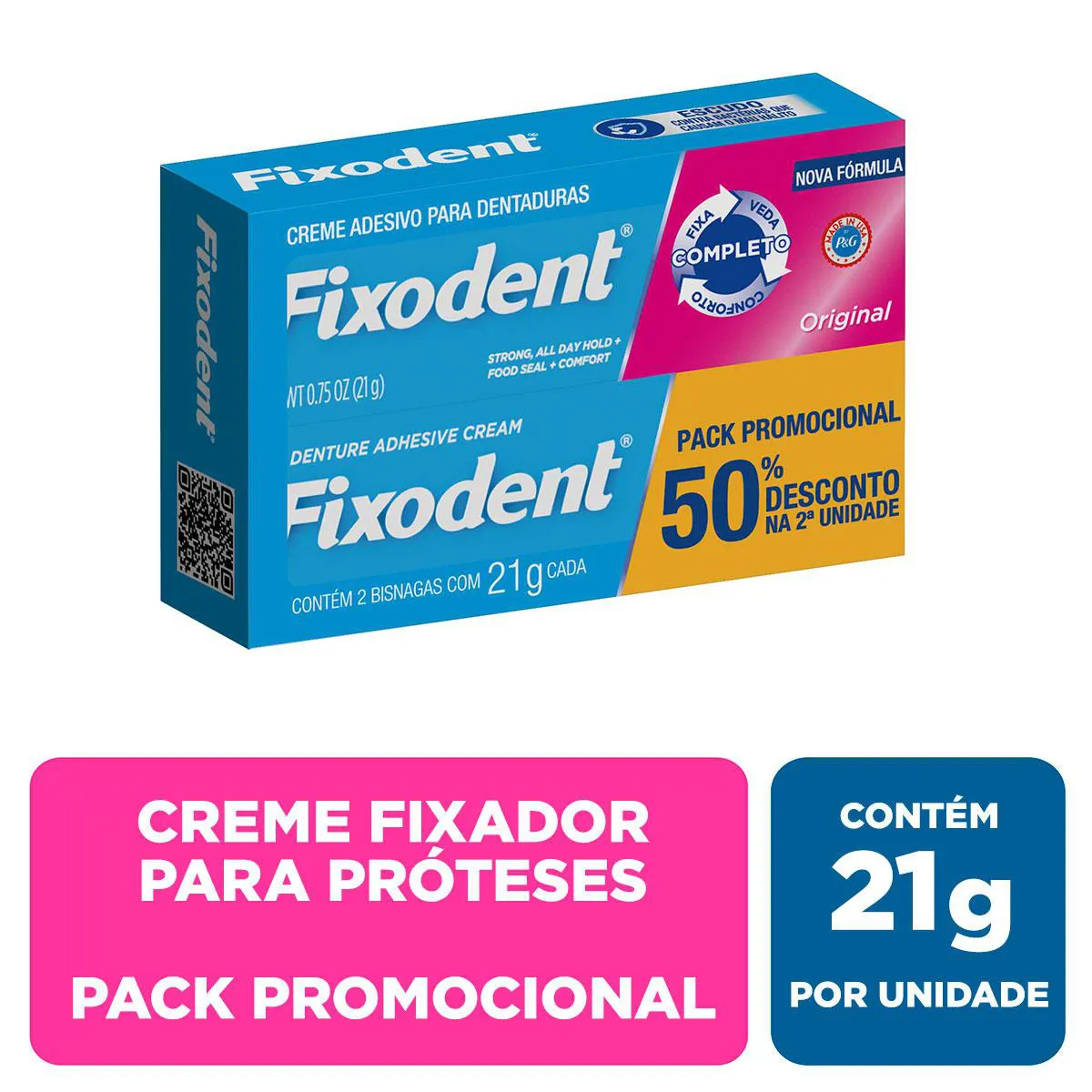 Creme Adesivo para Dentaduras Fixodent Original Pack Promocional com 50% de desconto na 2ª unidade