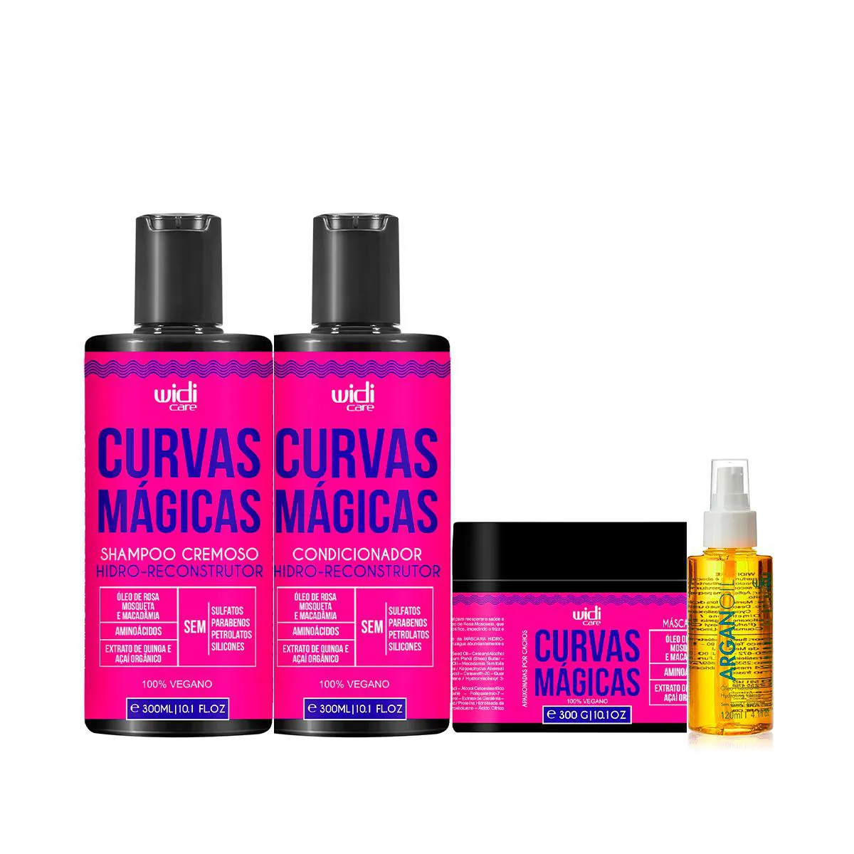 KIT CURVAS MáGICAS SHAMPOO, CONDICIONADOR, MáSCARA E ARGAN OIL - WIDI CARE