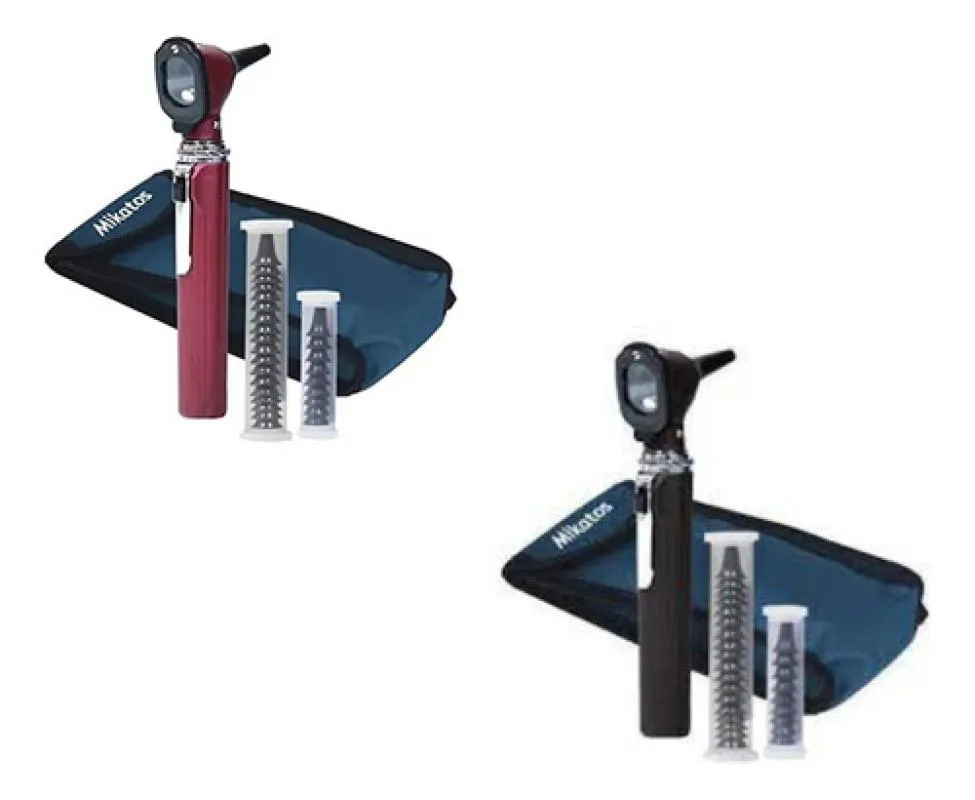 KIT COM 2 OTOSCOPIO MIKATOS LED PILHAS + ESTOJO + ESPéCULOS