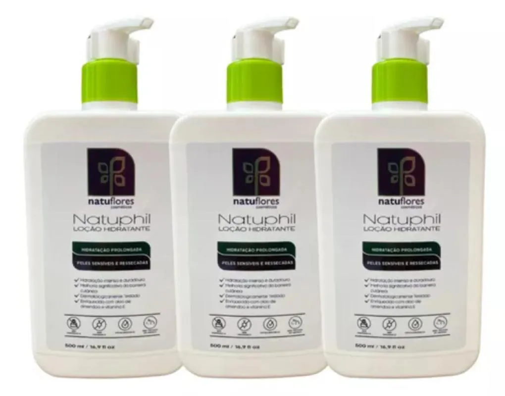 LOÇÃO HIDRATANTE PELES SENSIVEIS NATUPHIL 500ML NATUFLORES KIT 3UN
