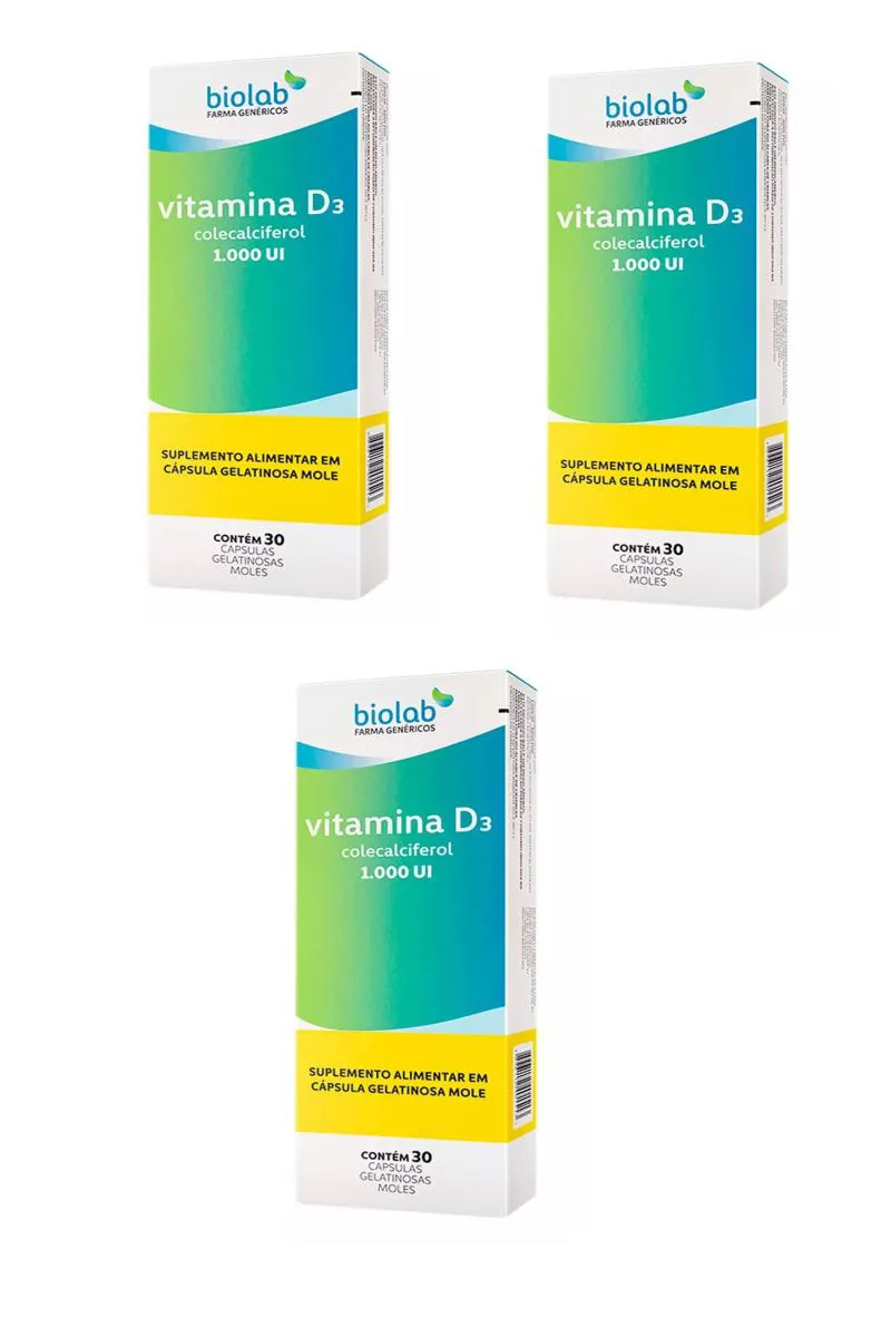 KIT 3 VITAMINA D3 1000UI  BIOLAB P/ IMUNIDADE MúSCULO 30CPS
