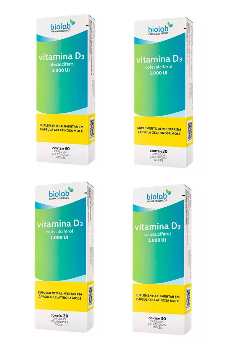 KIT 4 VITAMINA D3 1000UI  BIOLAB P/ IMUNIDADE MúSCULO 30CPS