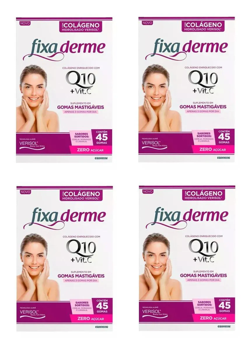 Kit 4 Colágeno Hidrolisado Q10 + Vit C Fixa Derme 45 Gomas