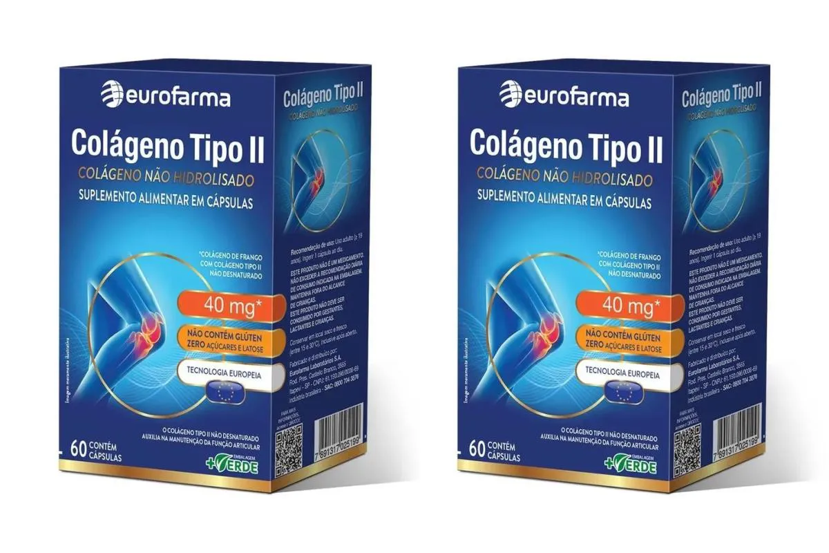 KIT 2 SUPLEMENTO COLáGENO TIPO 2 40MG EUROFARMA 60CPS