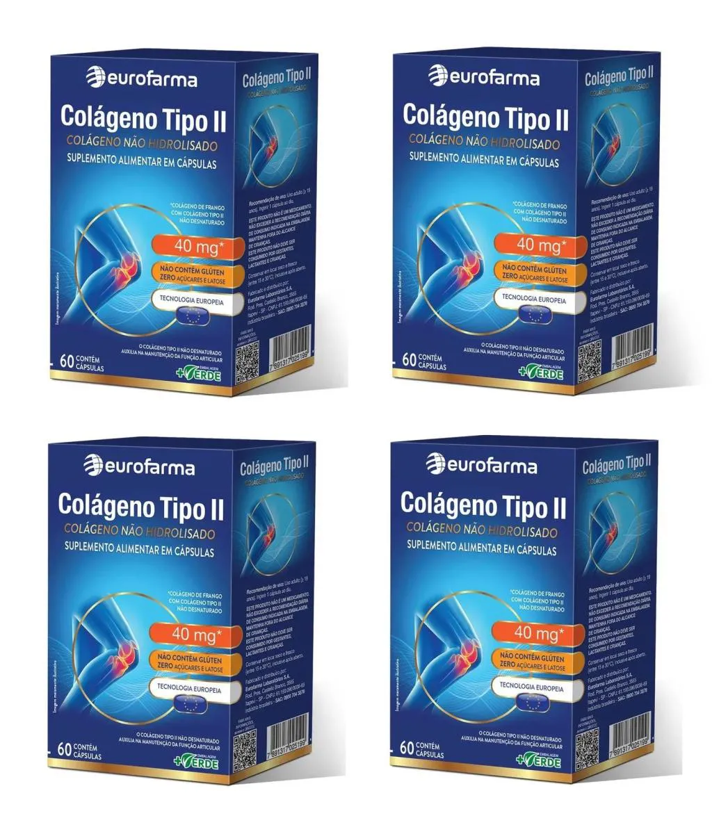 KIT 4 SUPLEMENTO COLáGENO TIPO 2 40MG EUROFARMA 60CPS