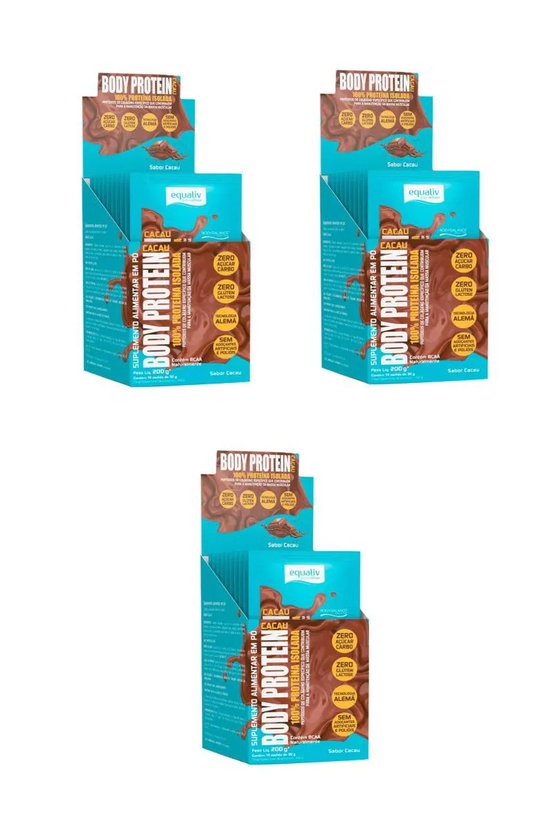 KIT 3 BODY PROTEIN CACAU EQUALIV PROTEíNA 10 SACHêS 20G