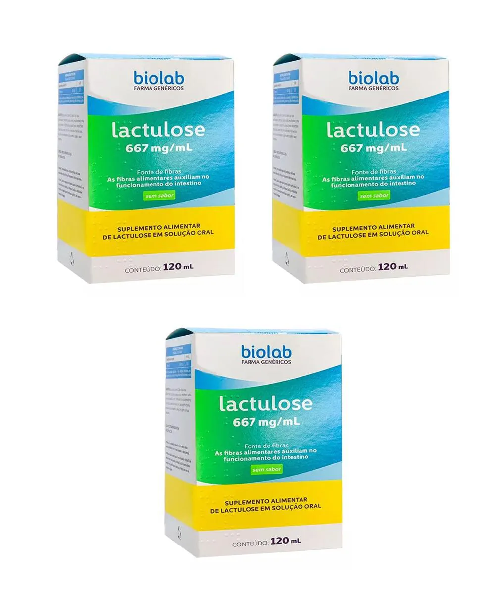 KIT 3 SUPLEMENTO BIOLAB LACTULOSE FIBRAS 667MG/ML COM 120ML