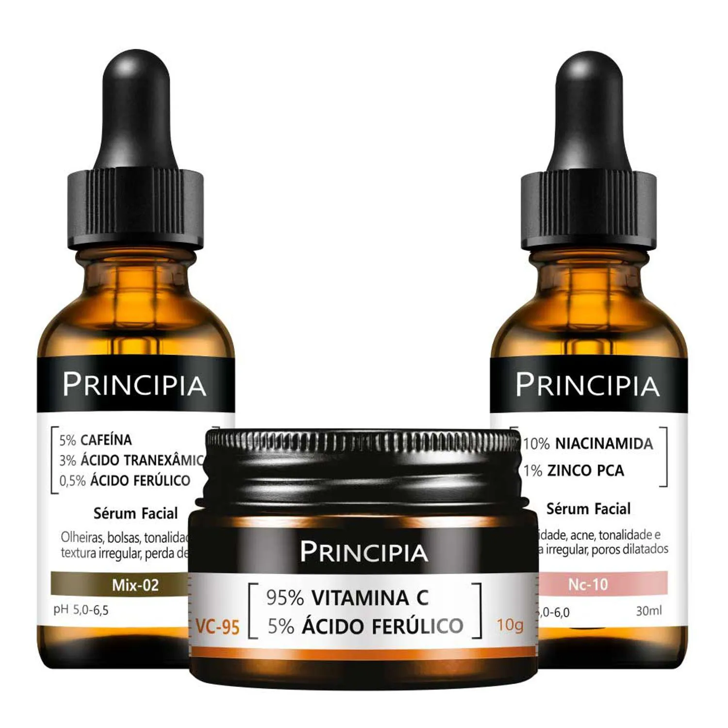 Kit Principia (3 produtos) - Pó Ultrafino Vitamina C 10g + Sérum Mix-02 30ml + Sérum Niacinamida 30ml
