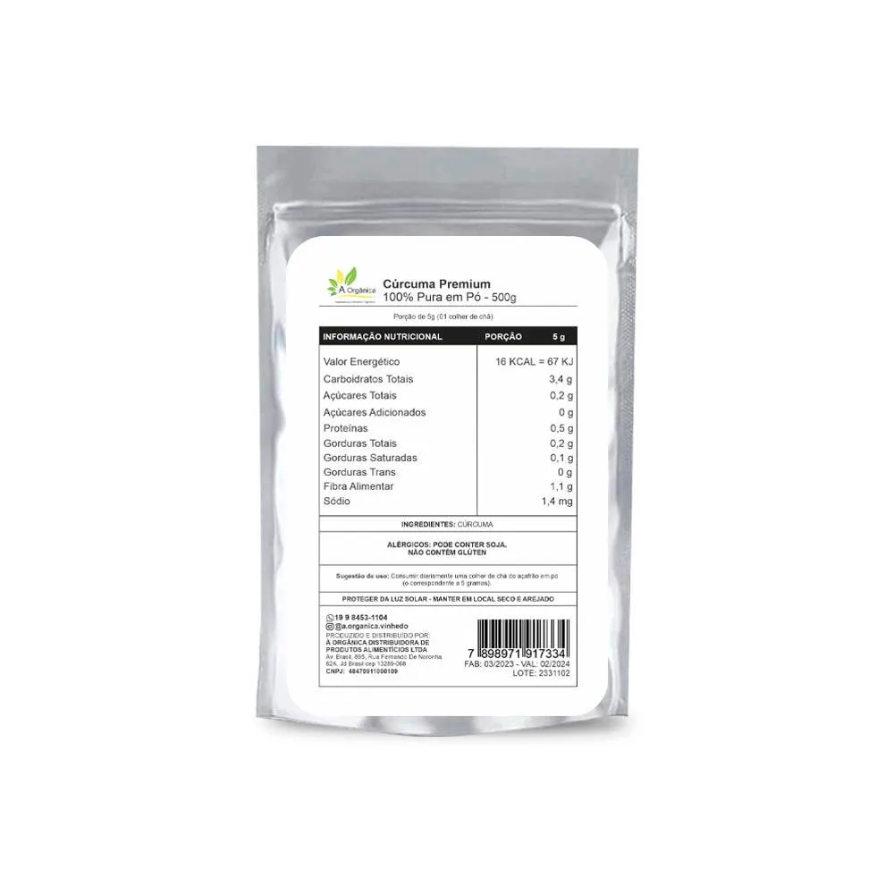 CúRCUMA 100% PURA EM Pó  PREMIUM 500G À ORGâNICA