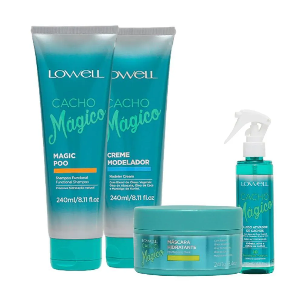 KIT LOWELL CACHO MáGICO MAGIC POO 240ML, CREME MODELADOR 240ML E MáSCARA 240ML E FLUíDO ATIVADOR 200ML
