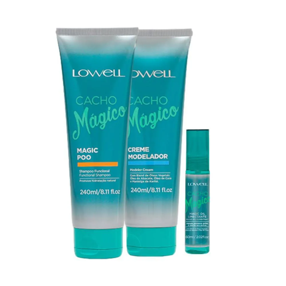 KIT LOWELL CACHO MáGICO MAGIC POO 240ML, CREME MODELADOR 240ML E ÓLEO UMECTANTE