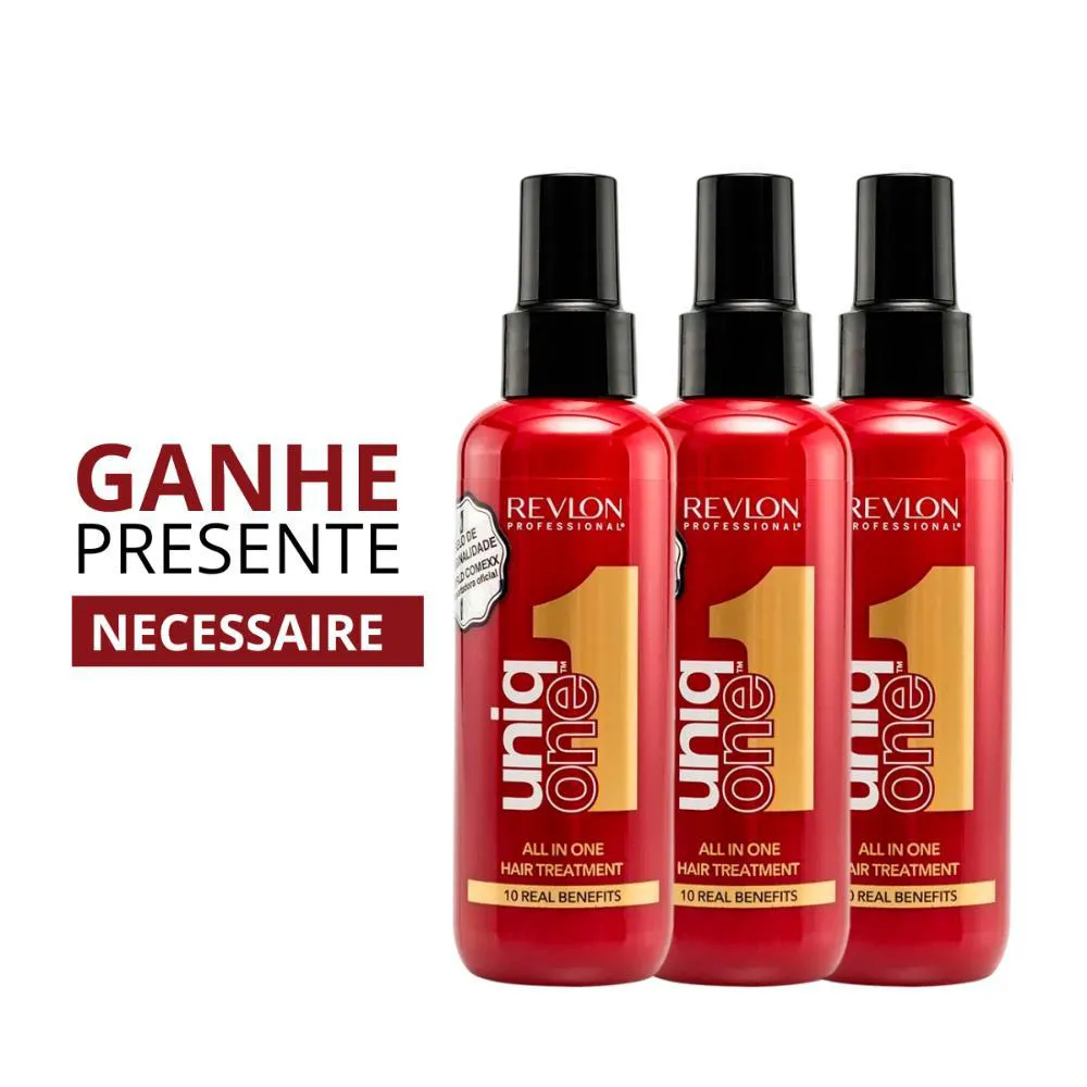 KIT REVLON 3 UNIQ ONE ALL IN ONE LEAVE IN 150ML + PRESENTE NECESSAIRE DOURADA