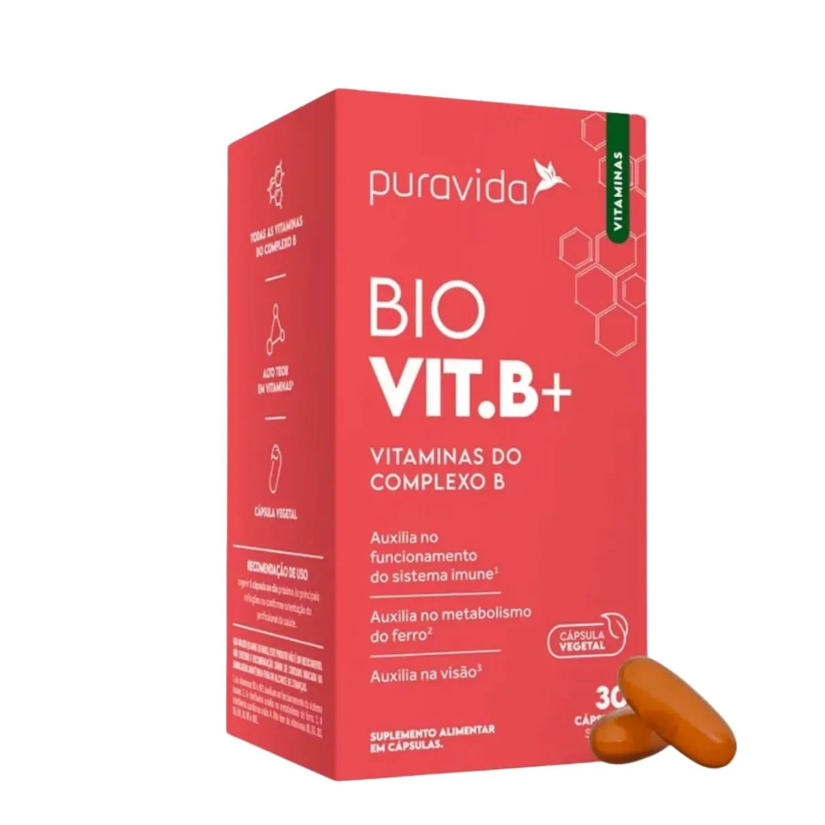 VITAMINA BIO B+ VITAMINAS COMPLEXO B , 30 CAPS PURA VIDA IMUNIDADE SABOR SEM SABOR