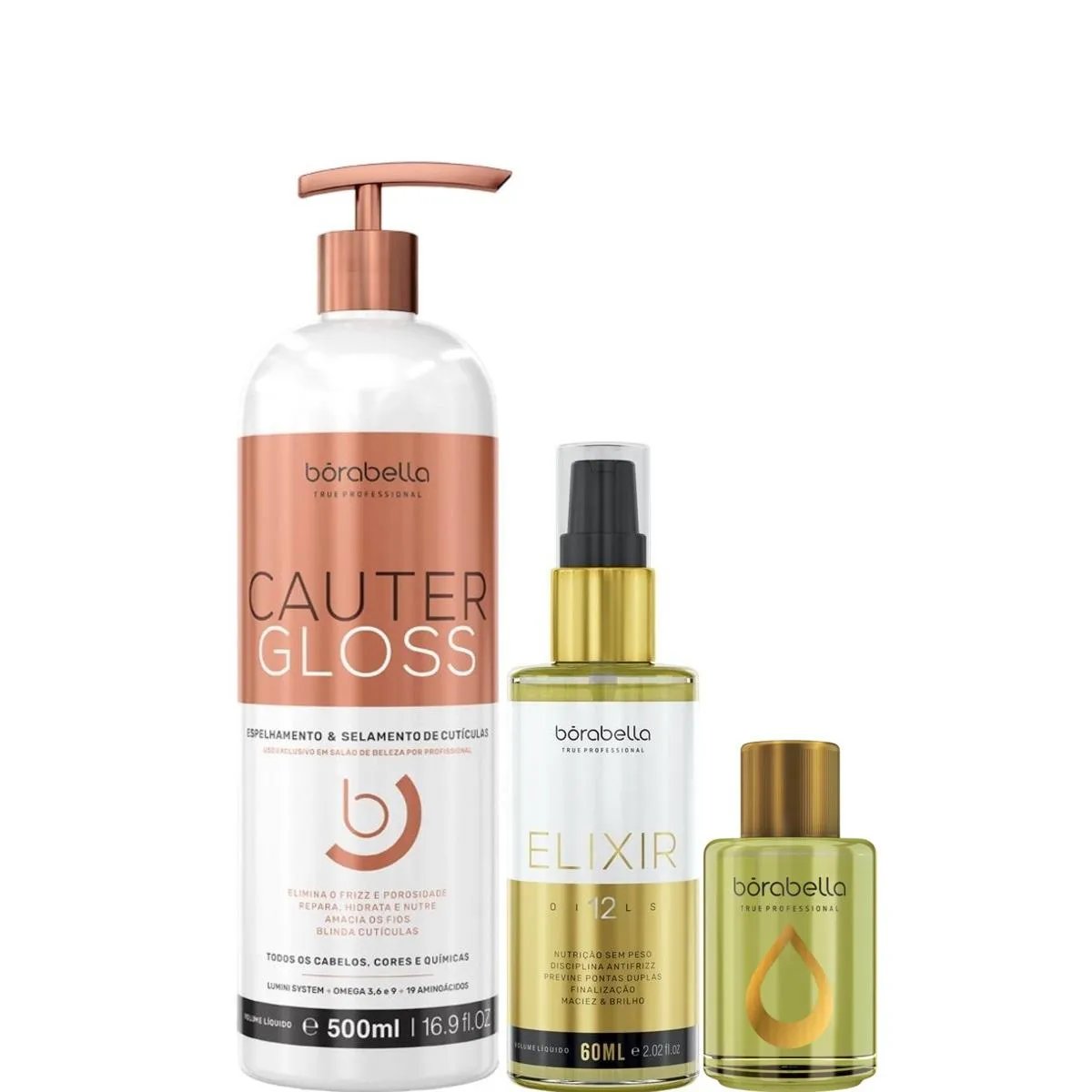 BORABELLA CAUTER GLOSS 500ML + ELIXIR 60ML + ÓLEO ARGAN 7ML