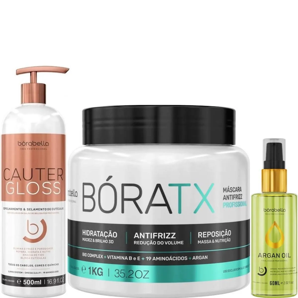 BORABELLA CAUTER GLOSS 500ML + BóRATX 1KG + ÓLEO ARGAN 60ML