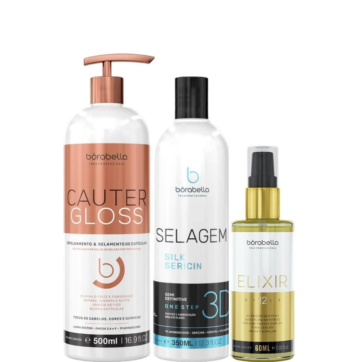 BORABELLA CAUTER GLOSS 500ML + SELAGEM 350ML + ELIXIR 60ML