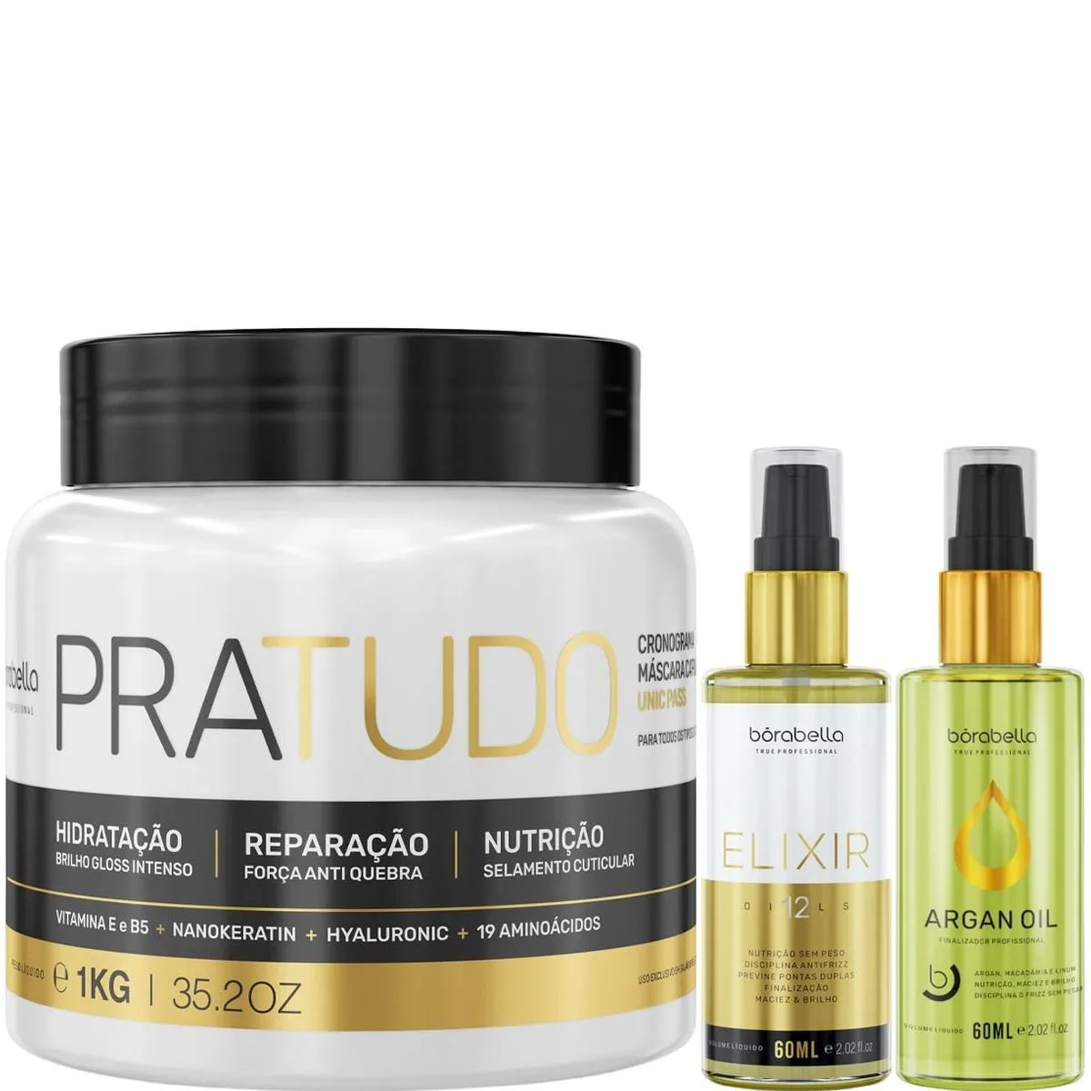 BORABELLA MáSCARA PRATUDO 1KG + ÓLEO ELIXIR + ARGAN 2X60ML