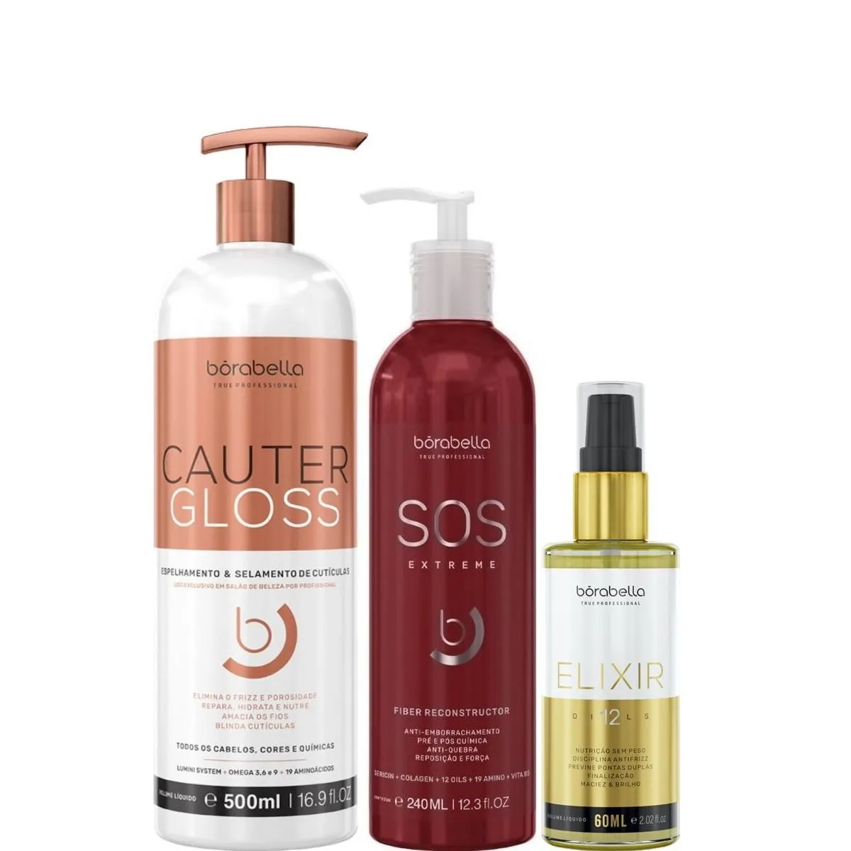 BORABELLA CAUTER GLOSS 500ML + SOS 240ML + ÓLEO ELIXIR 60ML