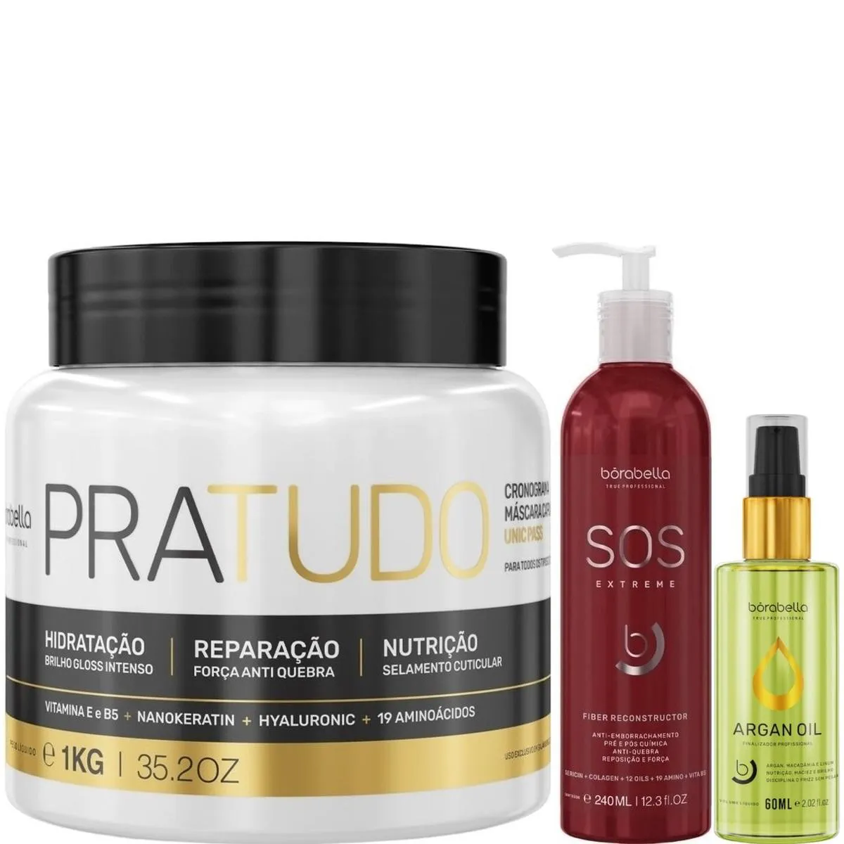 BORABELLA MáSCARA PRATUDO 1KG + SOS 240ML + ÓLEO ARGAN 60ML